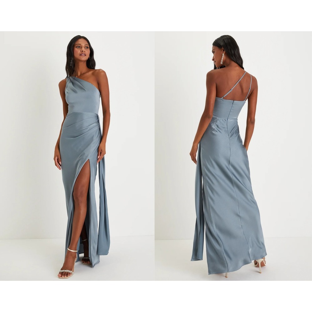 Lulus Signature Elegance Slate Blue Satin One-Shoulder Maxi Dress Size Medium